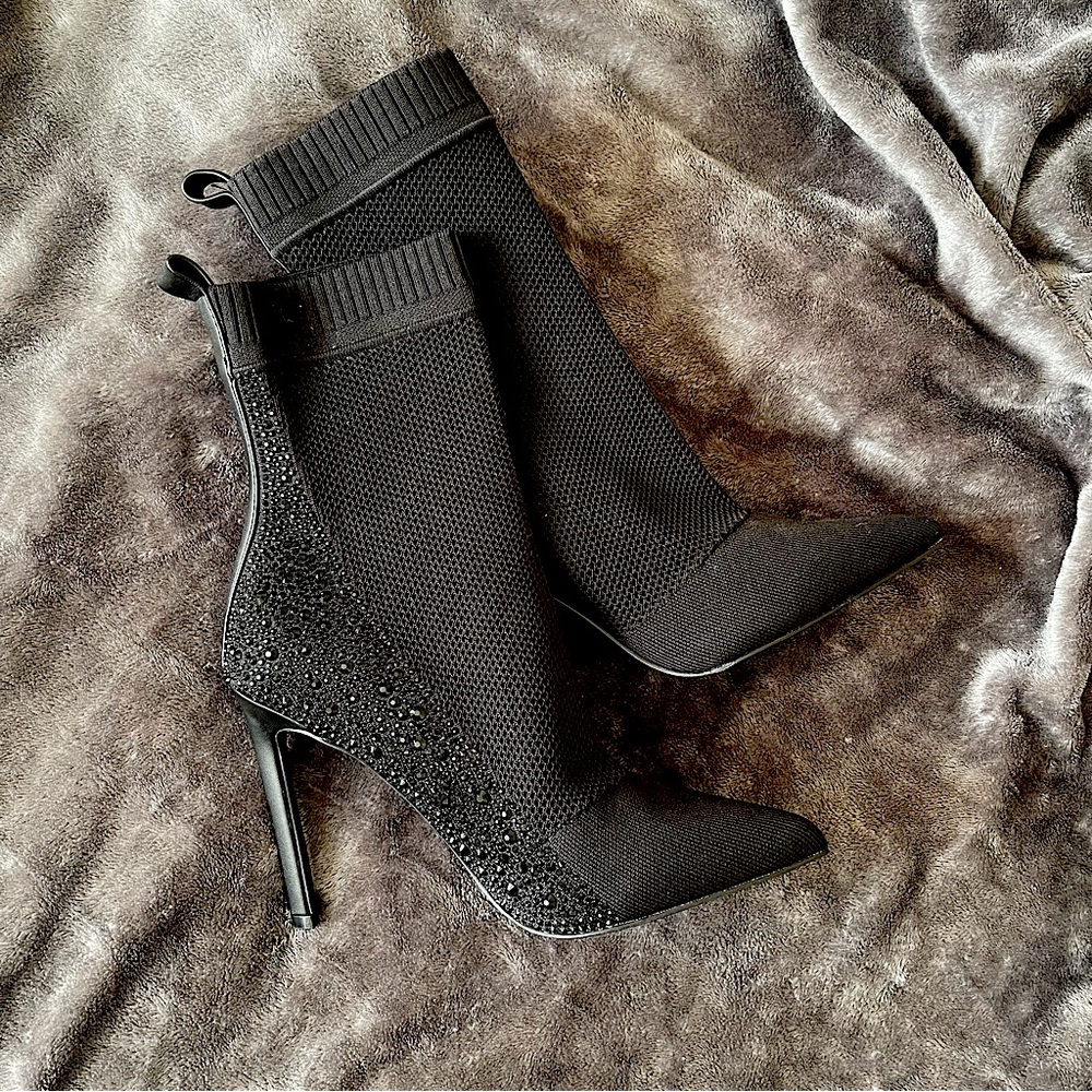 **Brand New, Never Worn Black Rhinestoned Steve Madden Heeled Booties